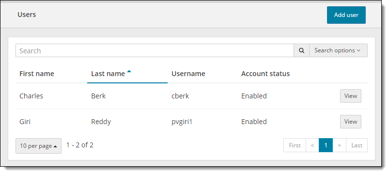 User Management list of users.